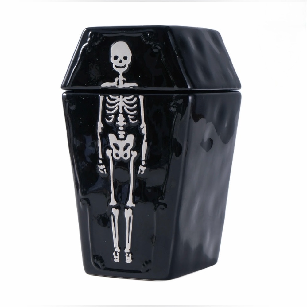 NIB- Spooky Halloween Ceramic Skeleton & Coffin Cookie Jar